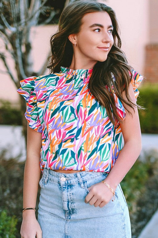 Abstract Print Ruffled Flutter Shoulder Blouse