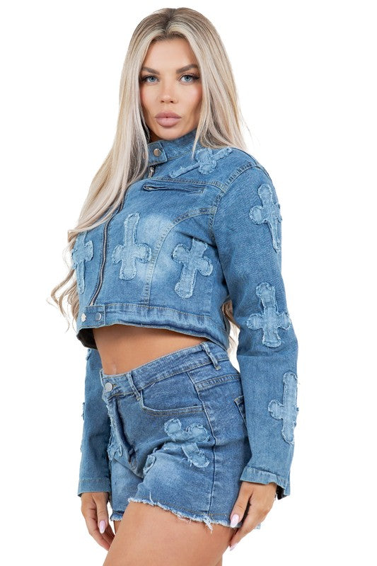 FASHION DENIM TWO PIECE SHORT SET