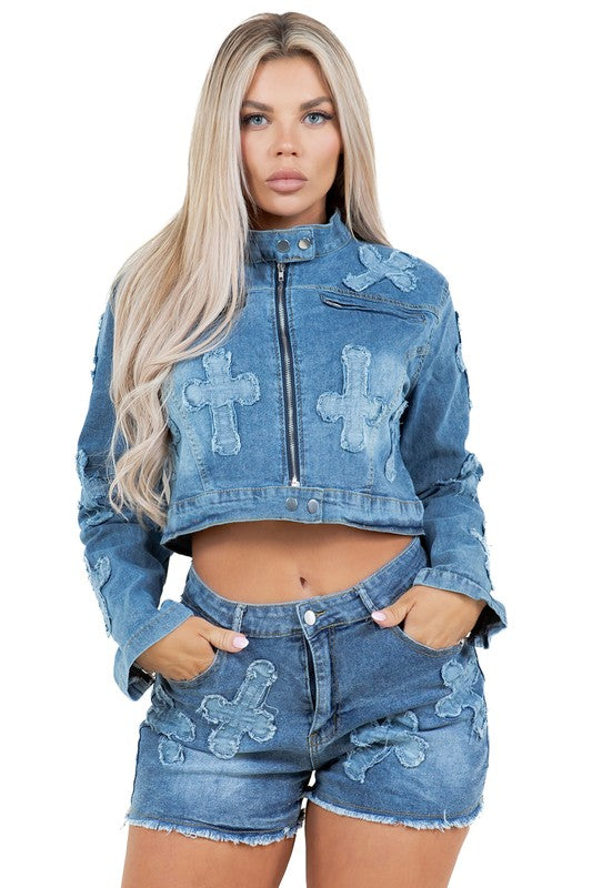 FASHION DENIM TWO PIECE SHORT SET