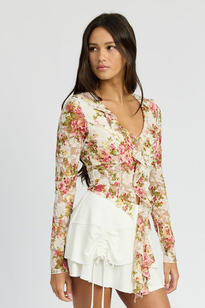 FLORAL PRINT BLOUSE WITH RUFFLE DETAIL