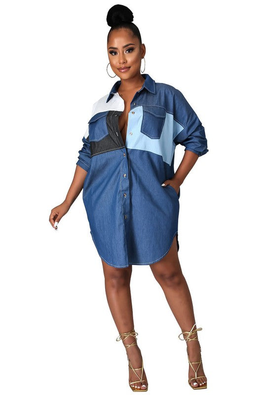 Patchwork Denim Shirt Dress