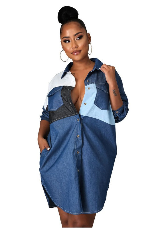 Patchwork Denim Shirt Dress