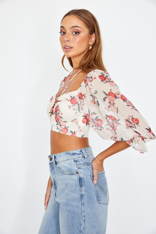 Chiffon Balloon Sleeved Bustier Crop Top