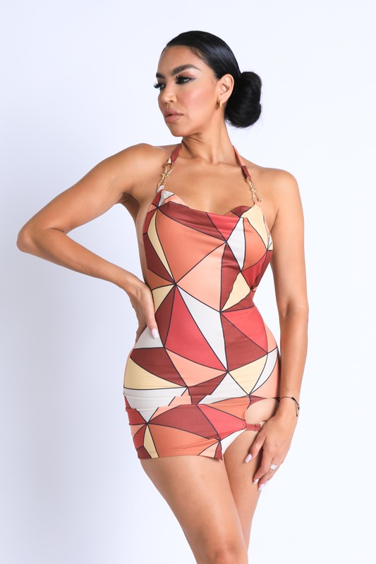 Triangle Color Block Printed Halter Mini Dress