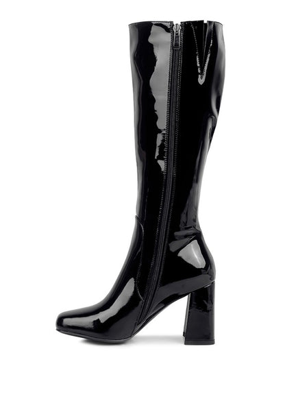 HYPNOTIZE Patent PU Block Heeled Calf Boots