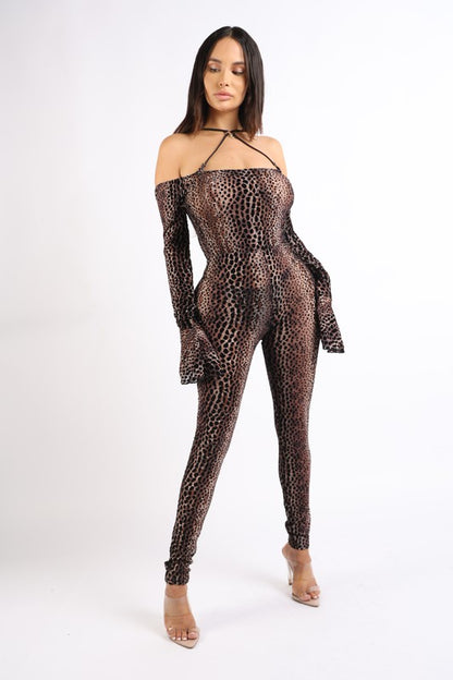 Cheetah Flared Sleeve O-Ring Off Shoulder Jumpsuit