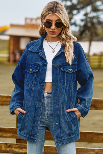 Buttoned Collared Neck Denim Jacket with Pockets