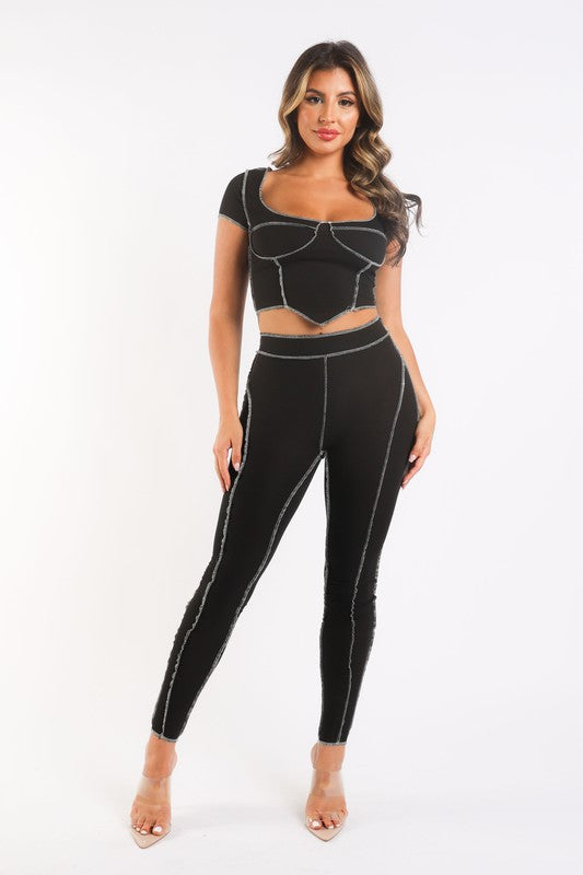 Ribbed Reverse Stitch Crop Top Pant Set