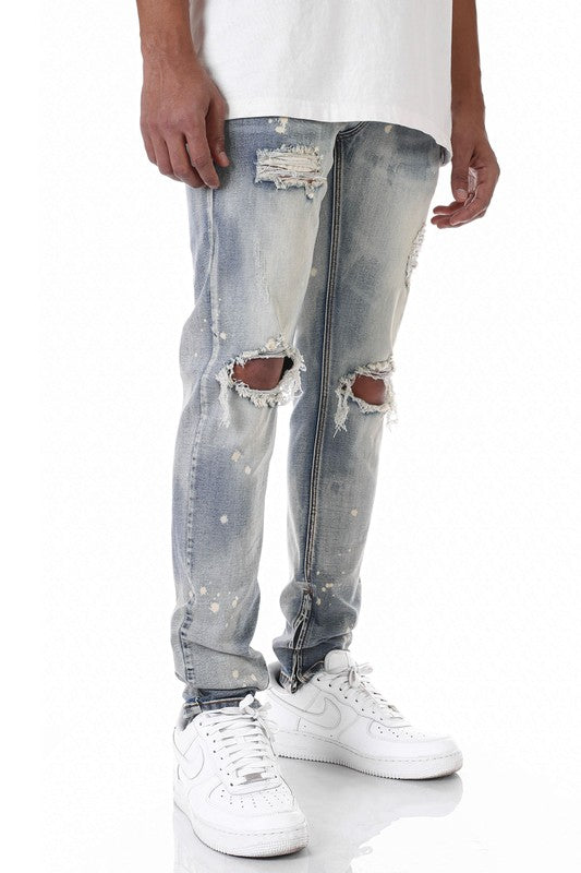 Men's Bleached Ankle Zip Jeans with Bleach Spots KDNK