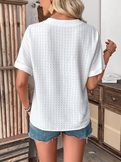 Buttoned Notched Short Sleeve Blouse