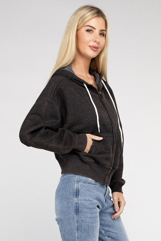 Acid Wash Fleece Cropped Zip-Up Hoodie