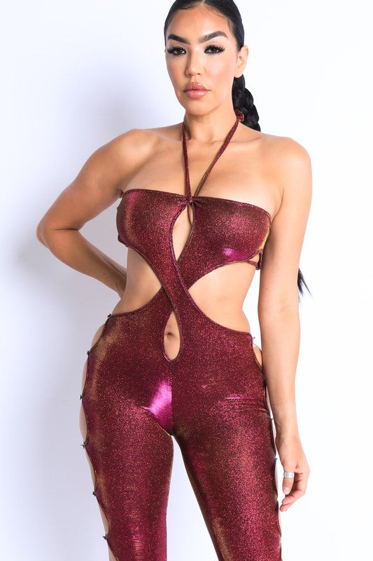 Glittery  Cutout Halter Neck Keyhole Jumpsuit