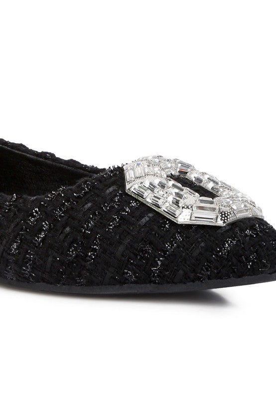 Aria Embellished Jewel Buckle Tweed Ballet Flats