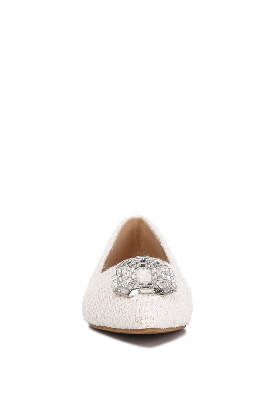 Aria Embellished Jewel Buckle Tweed Ballet Flats