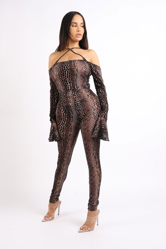 Cheetah Flared Sleeve O-Ring Off Shoulder Jumpsuit