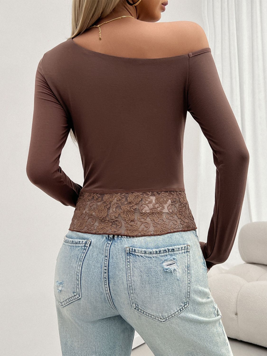 Single Shoulder Long Sleeve Lace T-Shirt