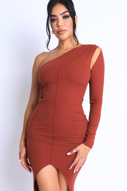 Asymmetric Sleeve Slit Midi Dress