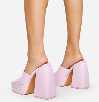 Square Toe Platform Chunky Heeled Mules