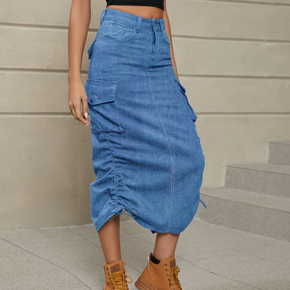 Drawstring Ruched Slit Denim Midi Skirt Trendsi