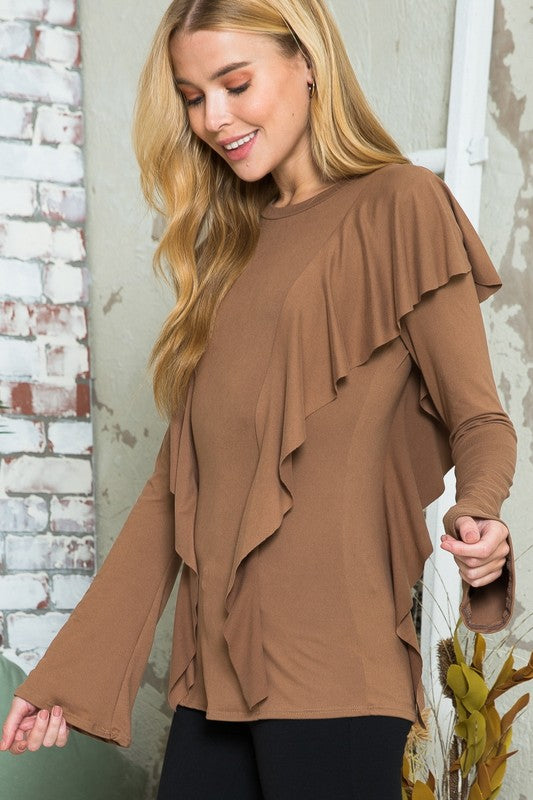 Plus+ Solid Long Sleeve Ruffle Top