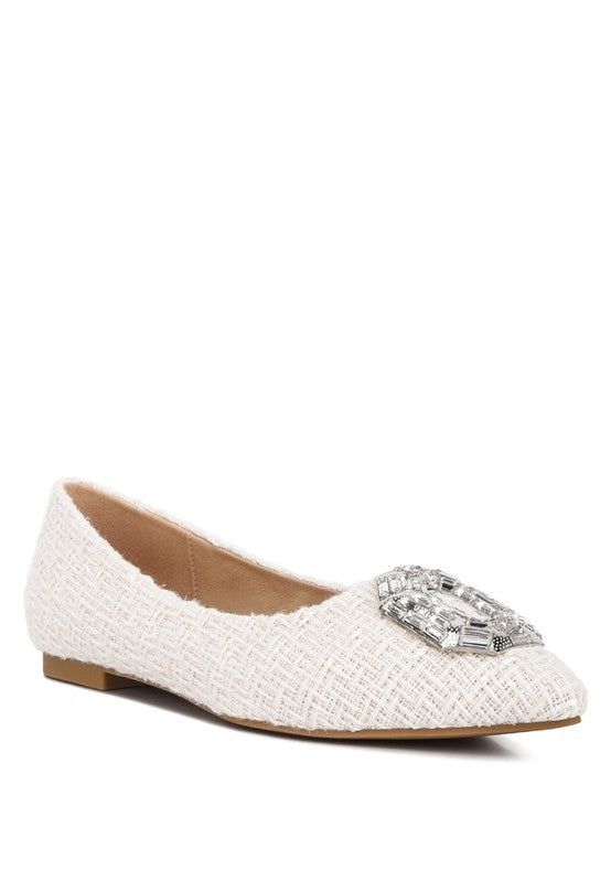 Aria Embellished Jewel Buckle Tweed Ballet Flats