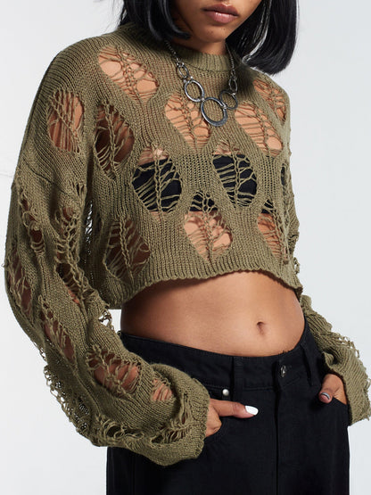 Cutout Round Neck Long Sleeve Knit Top