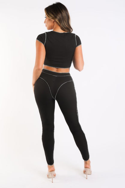 Ribbed Reverse Stitch Crop Top Pant Set