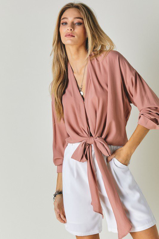 Solid V Neck Long Sleeve Top