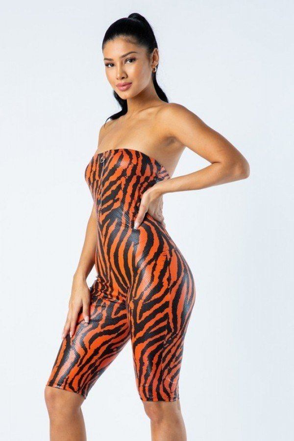 Zebra Print Tube Romper With Front O Ring Zipper Detail