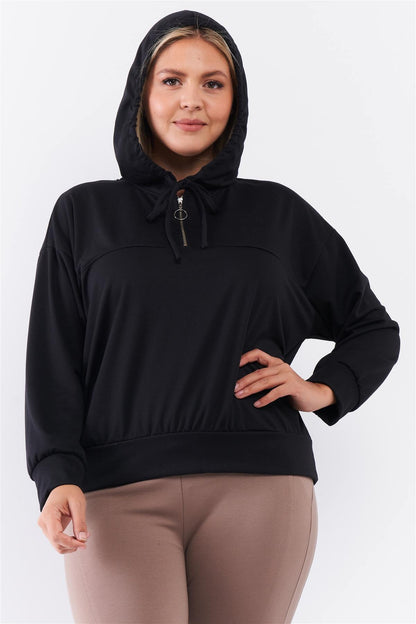 Black Oversize High Neck Zip-up Detail Draw String Tie Hoodie Sweatshirt