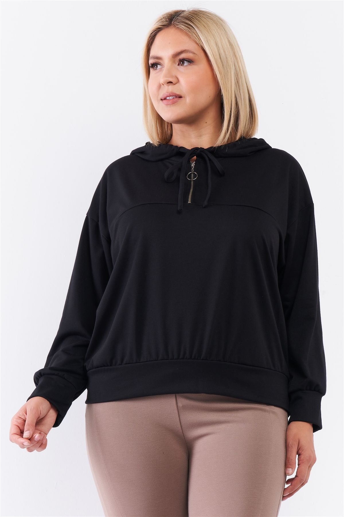 Black Oversize High Neck Zip-up Detail Draw String Tie Hoodie Sweatshirt