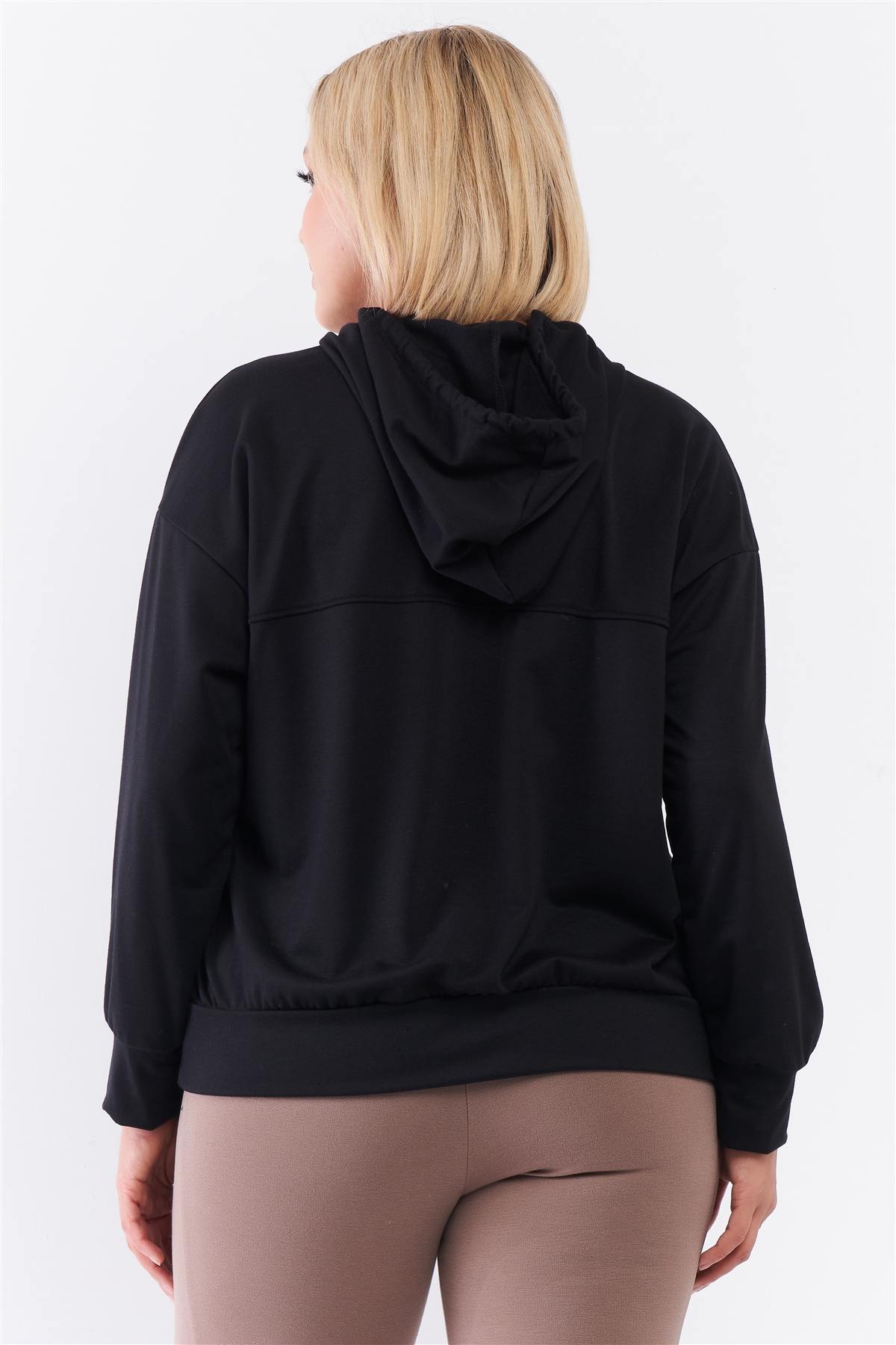 Black Oversize High Neck Zip-up Detail Draw String Tie Hoodie Sweatshirt