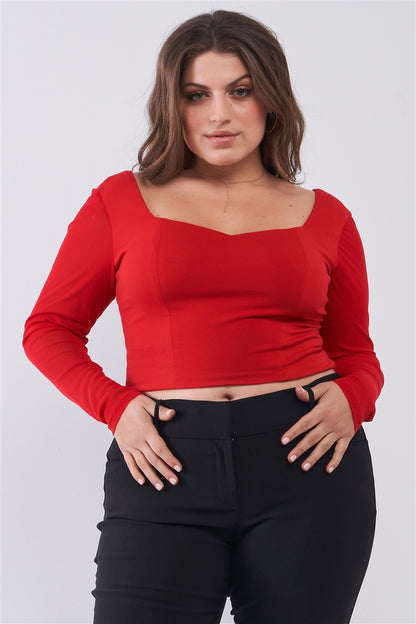 Crimson Red Long Mesh Sleeve Sweetheart Neck Detail Structured Crop Top