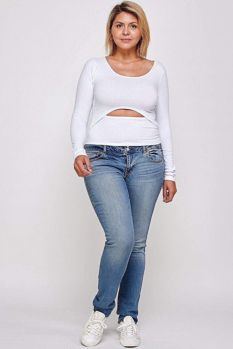 Long Sleeve Solid Round Neck Top Cut-out Detail