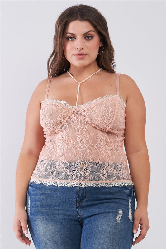 Sleeveless Sheer Lace Halter Neck Detail Bustier Top