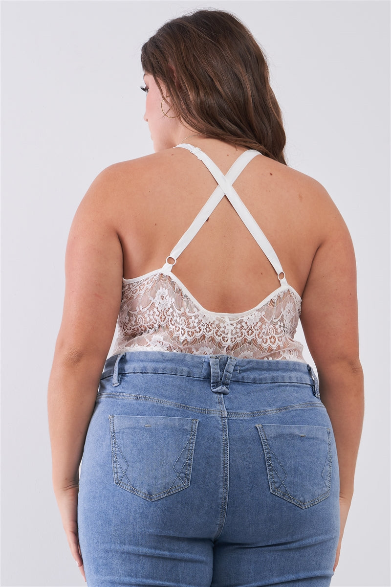 Sheer Lace Sleeveless V-neck Criss-cross Back Strap Bodysuit