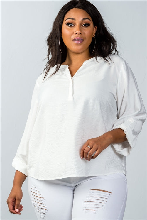 Oatmeal Stand-up Collar Roll Tab Sleeve Blouse