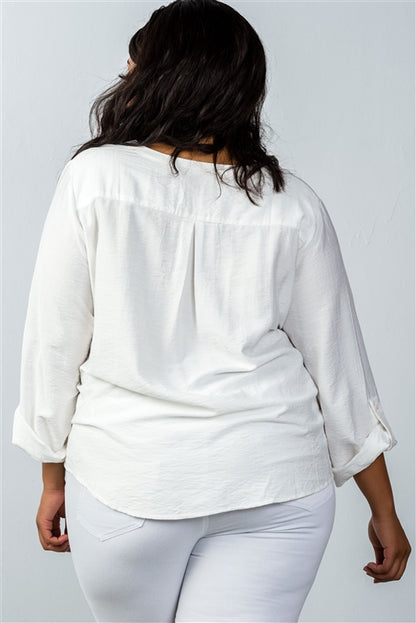 Oatmeal Stand-up Collar Roll Tab Sleeve Blouse