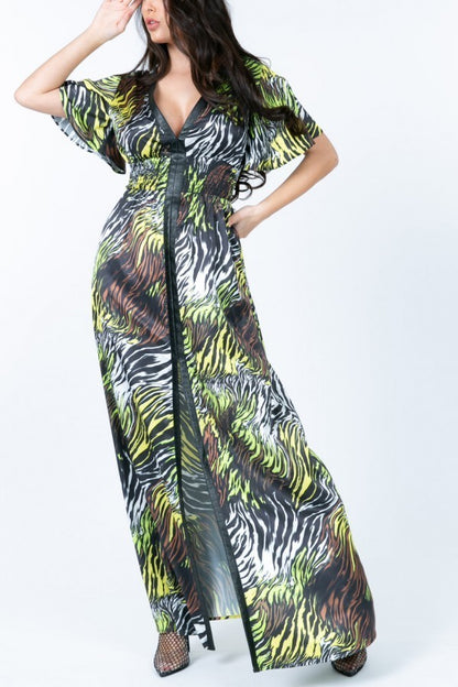 Deep V Neck Slit Zebra Print Maxi Dress