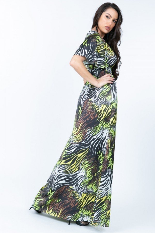 Deep V Neck Slit Zebra Print Maxi Dress