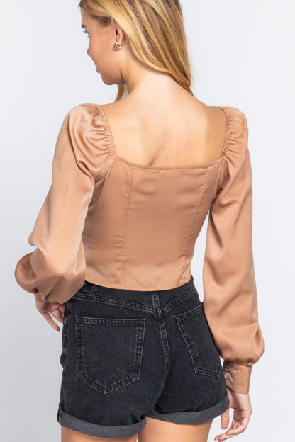 Long Sleeve Sweetheart Neck Front Ribbon Tie Detail Woven Top