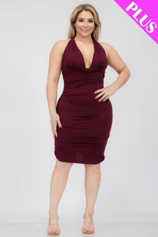 Plunging Neck Crisscross Back Ruched Bodycon Mini Dress