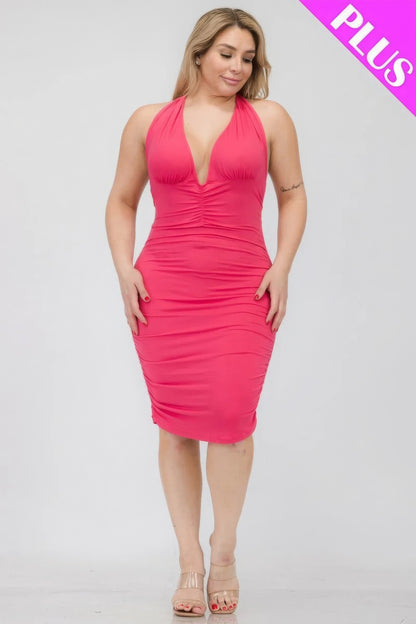 Plunging Neck Crisscross Back Ruched Bodycon Mini Dress