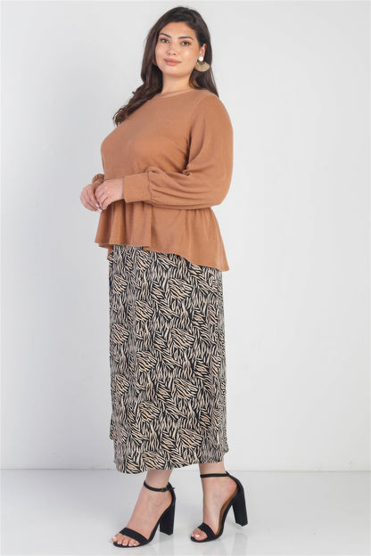 Caramel Waffle Knit Back Button Detail Long Sleeve Top