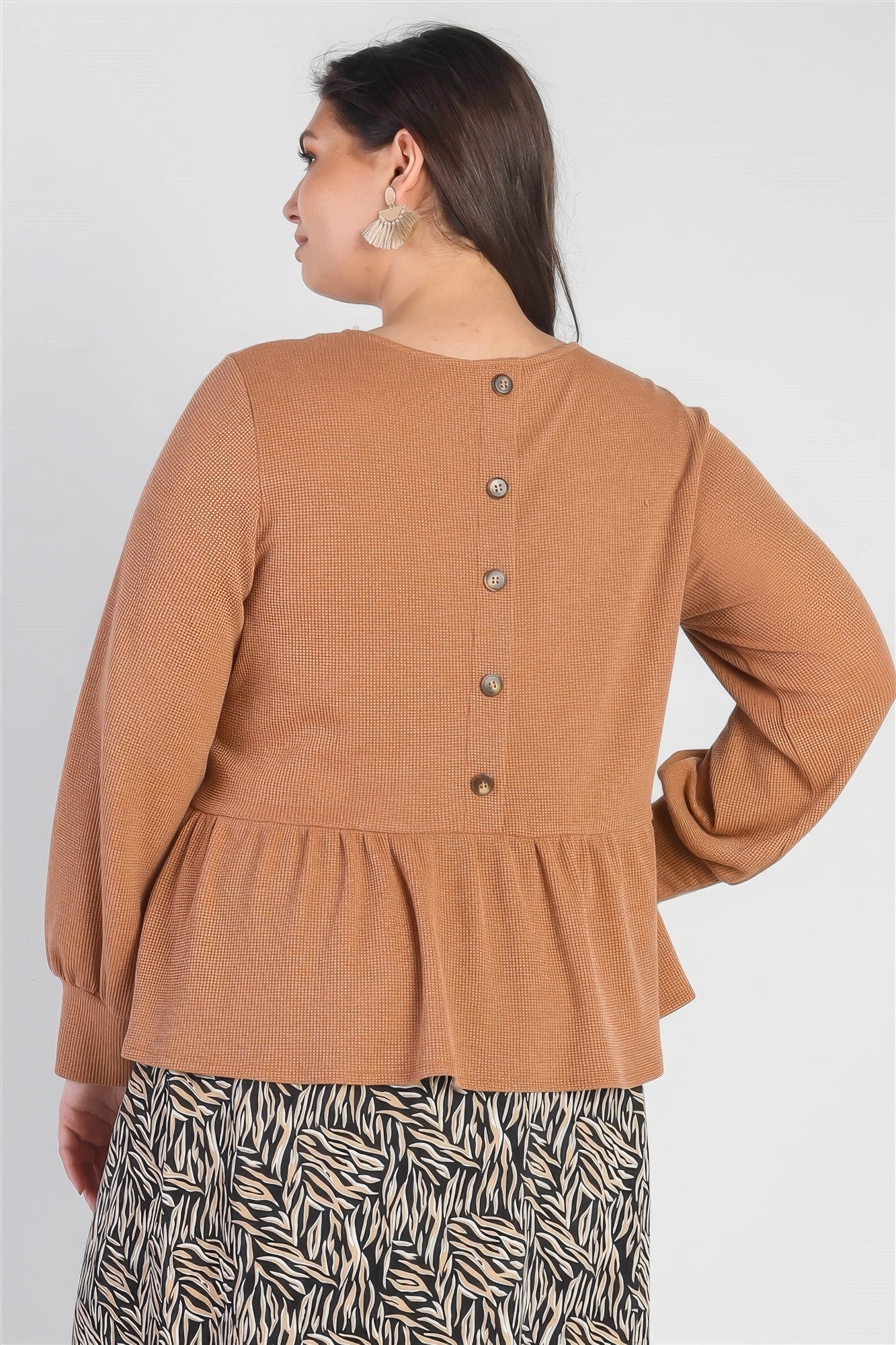 Caramel Waffle Knit Back Button Detail Long Sleeve Top