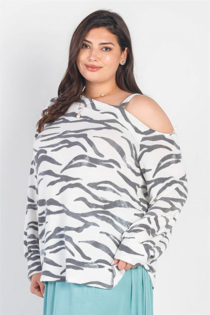 White & Charcoal Zebra Flannel Cold Shoulder Long Sleeve Top