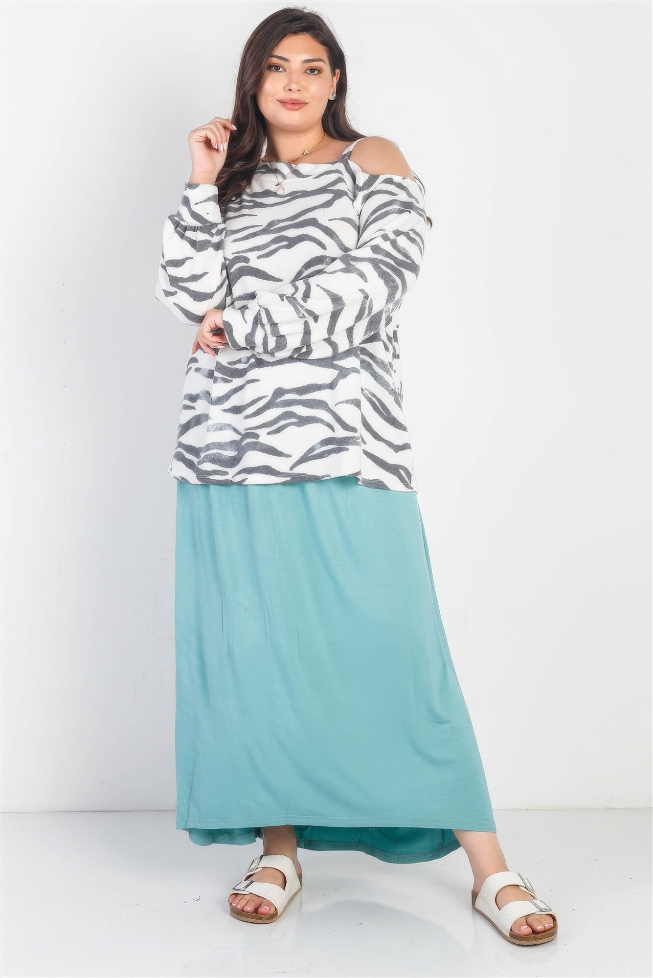 White & Charcoal Zebra Flannel Cold Shoulder Long Sleeve Top