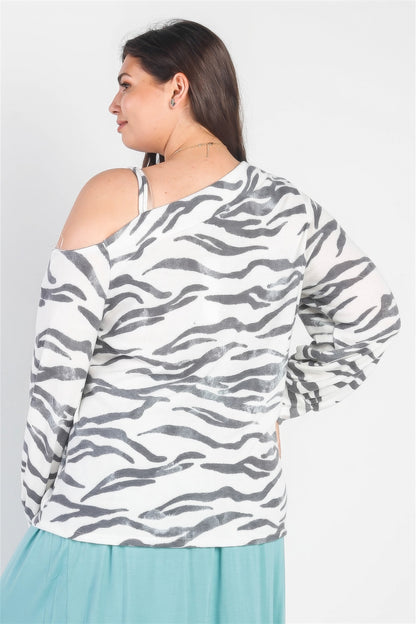 White & Charcoal Zebra Flannel Cold Shoulder Long Sleeve Top