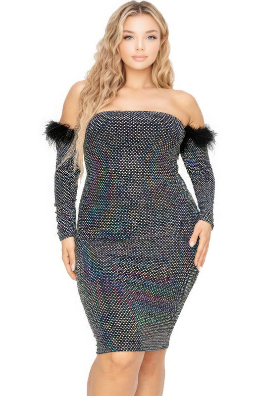 Off Shoulder Feather Trim Detail Sequin Dress