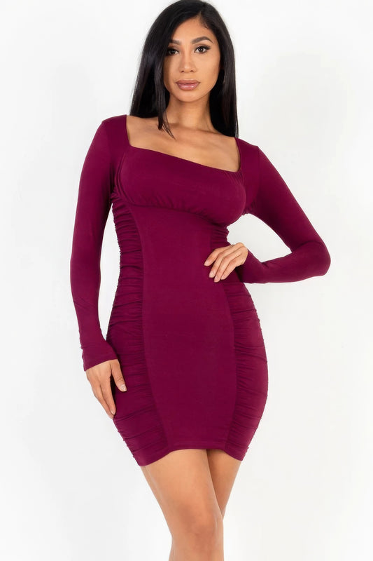 U-Neck Long Sleeve Ruched Bodycon Mini Dress